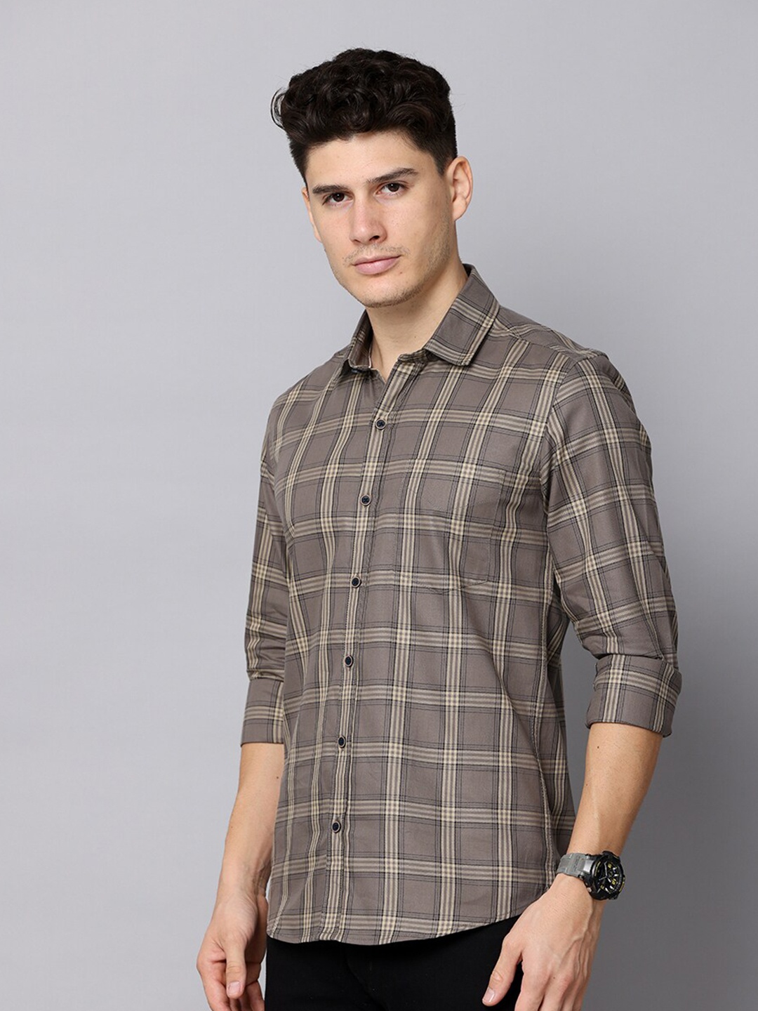 

FOGA Men Premium Grid Tattersall Checks Checked Pure Cotton Casual Shirt, Brown