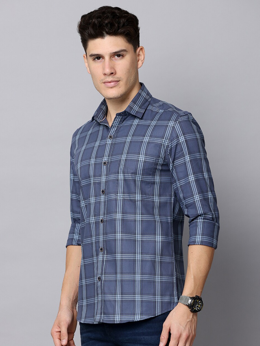 

FOGA Men Premium Windowpane Checked Casual Cotton Shirt, Grey