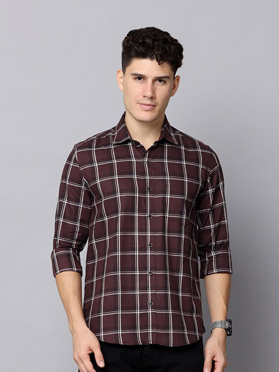 

FOGA Men Premium Grid Tattersall Checks Checked Cotton Casual Shirt, Brown