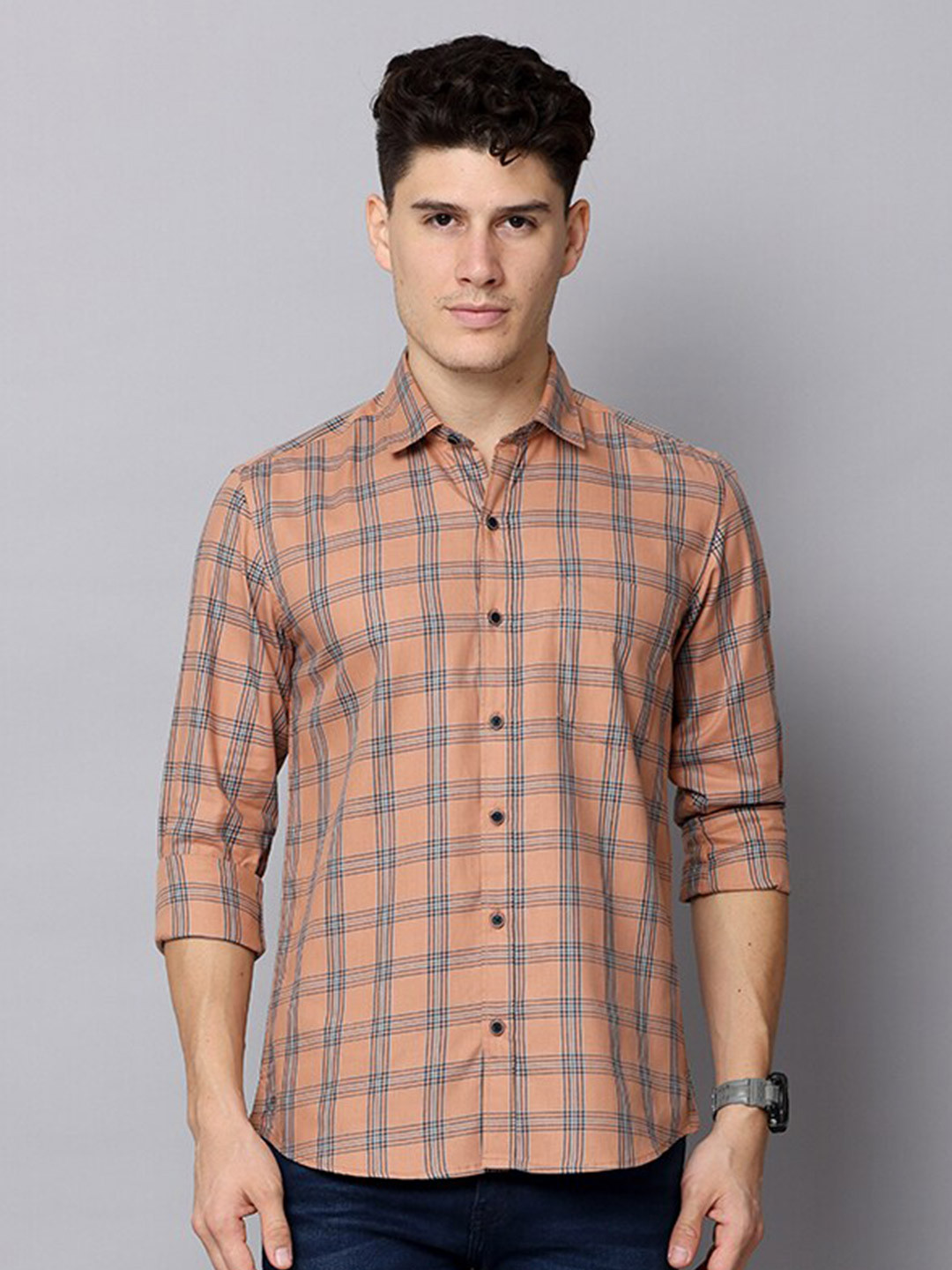 

FOGA Men Pure Cotton Premium Tartan Checked Casual Shirt, Orange