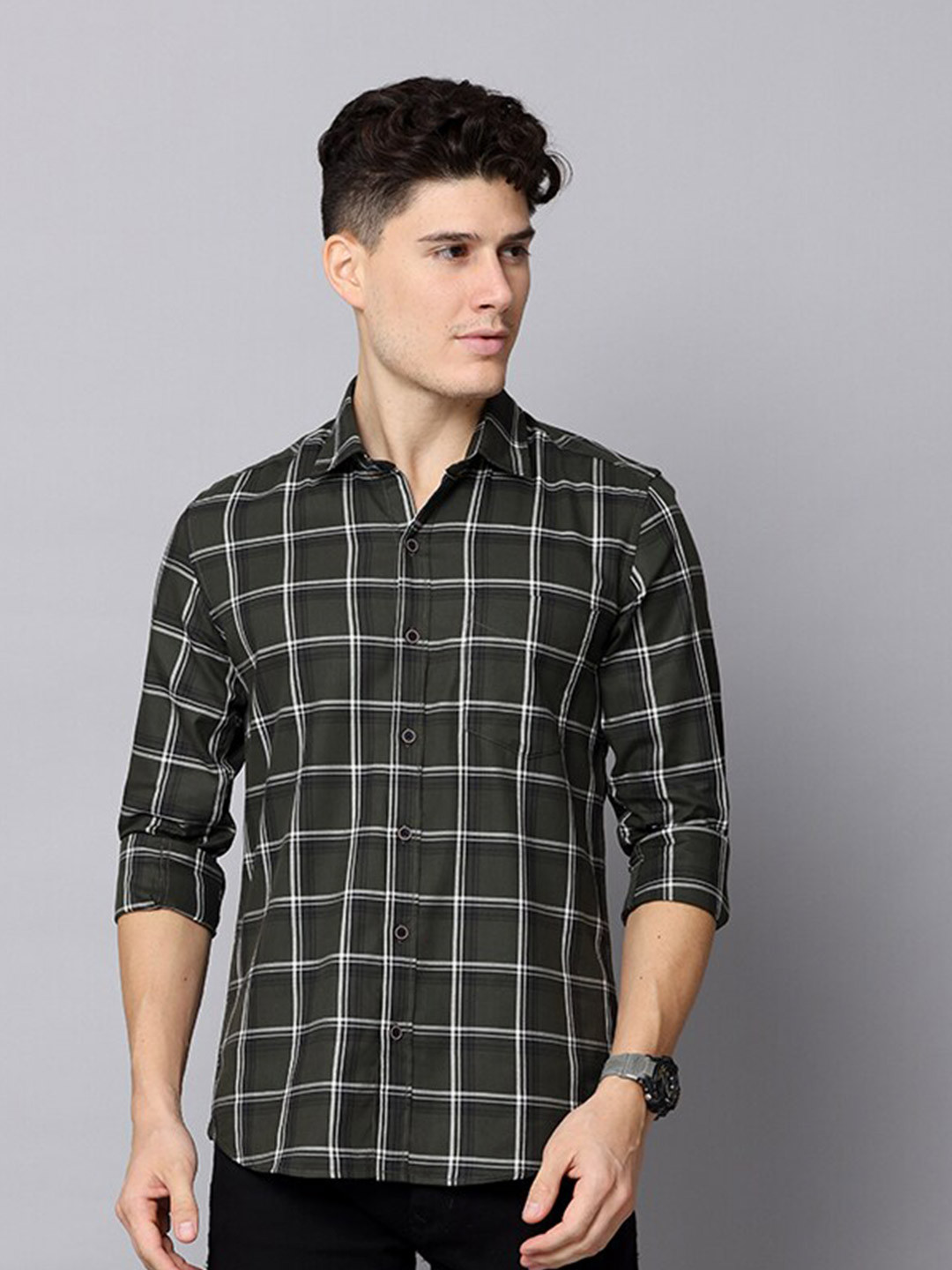 

FOGA Men Premium Windowpane Checks Pure Cotton Casual Shirt, Green
