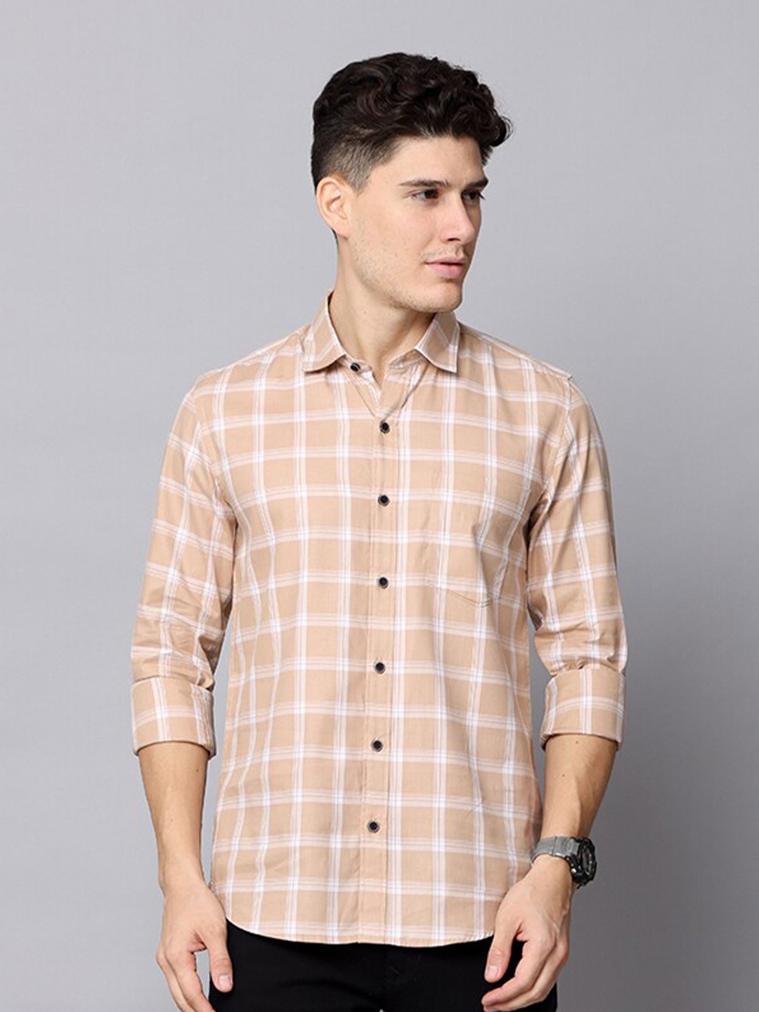 

FOGA Men Premium Tartan Checks Pure Cotton Casual Shirt, Beige