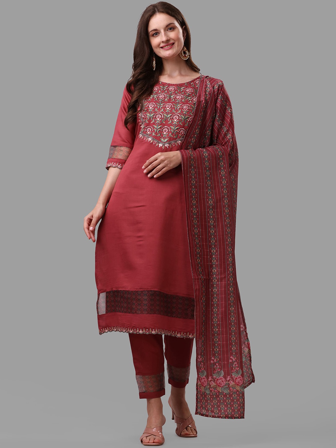 

Berrylicious Women Rust Floral Embroidered Thread Work Chanderi Cotton Kurta with Trousers & With Dupatta