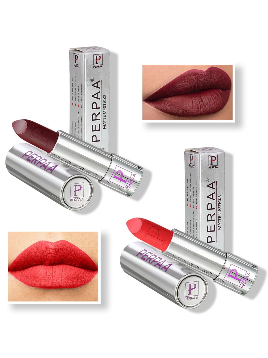 

PERPAA Set of 2 Push Button Matte Lipstick 3.5g Each - Maroon 156 & Orange 193