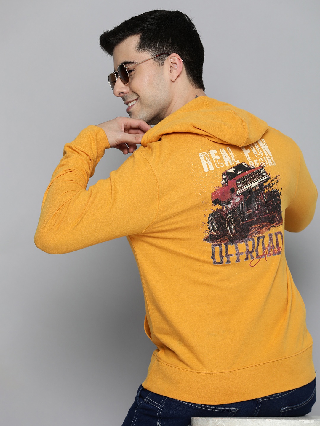 

HERE&NOW Men Printed Hooded Sweatshirt, Yellow