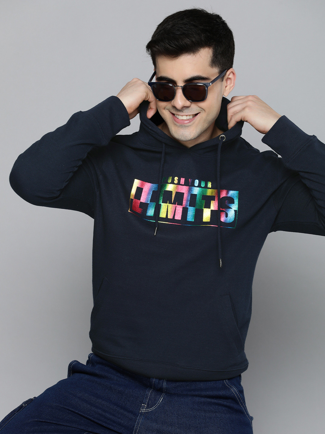 

HERE&NOW Men Printed Hooded Sweatshirt, Navy blue