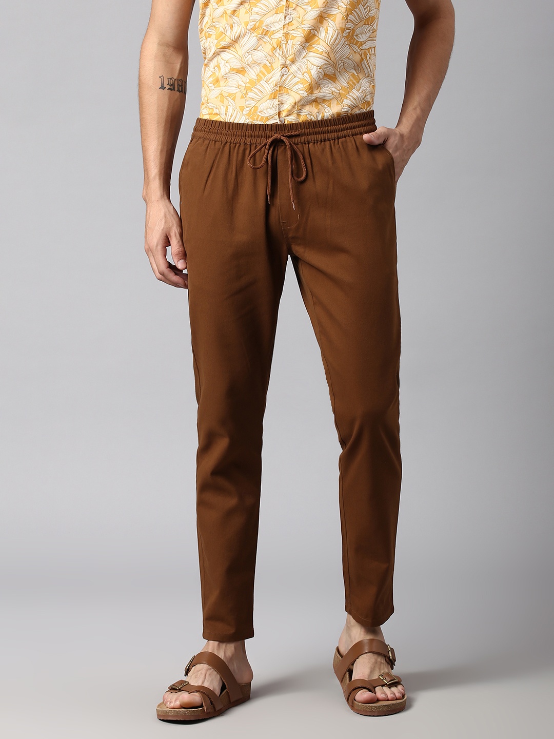 

Hubberholme Men Cotton Smart Slim Fit Easy Wash Chinos Trousers, Brown