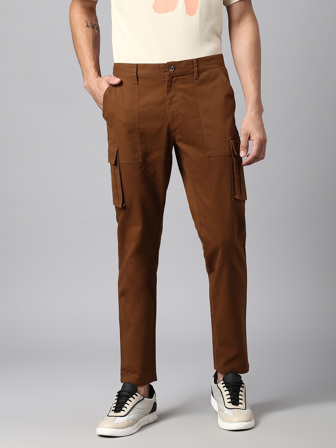 

Hubberholme Men Smart Slim Fit Easy Wash Cargos Cotton Trousers, Brown