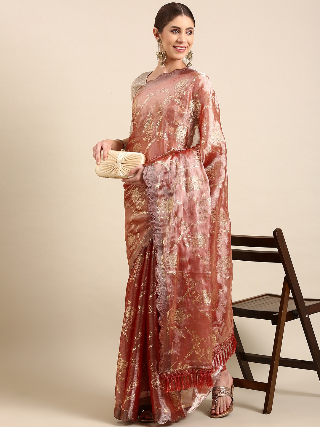 

Mitera Ethnic Motifs Beads & Stones Tissue Saree, Red