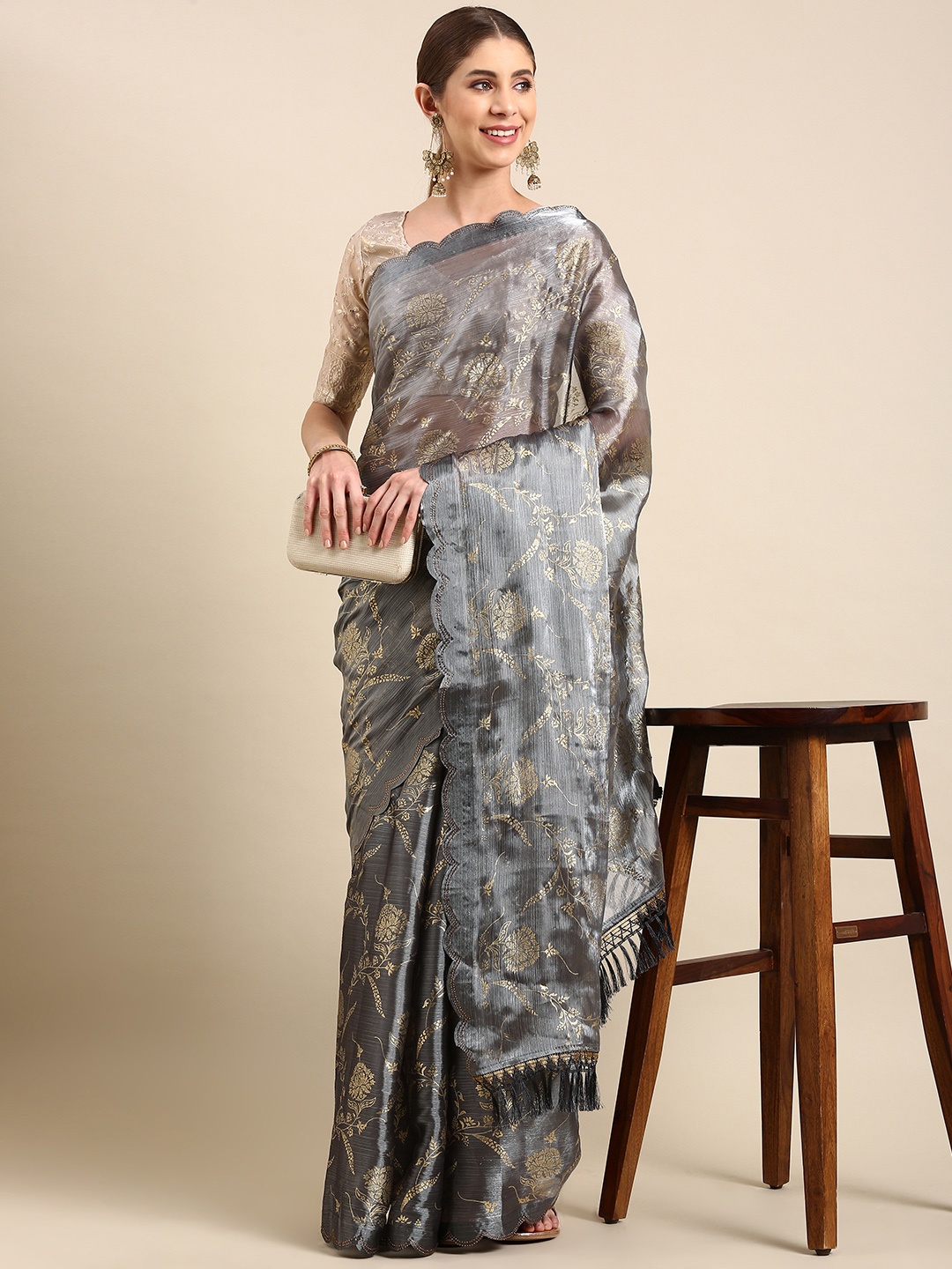 

Mitera Ethnic Motifs Beads & Stones Tissue Saree, Grey