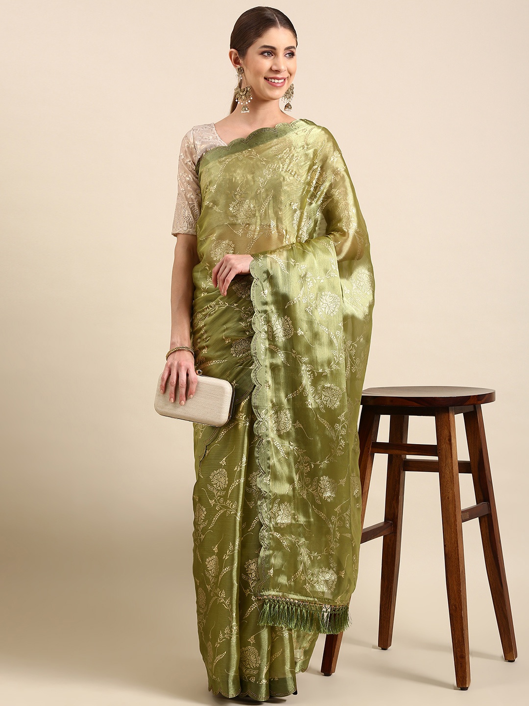 

Mitera Ethnic Motifs Beads & Stones Tissue Saree, Green