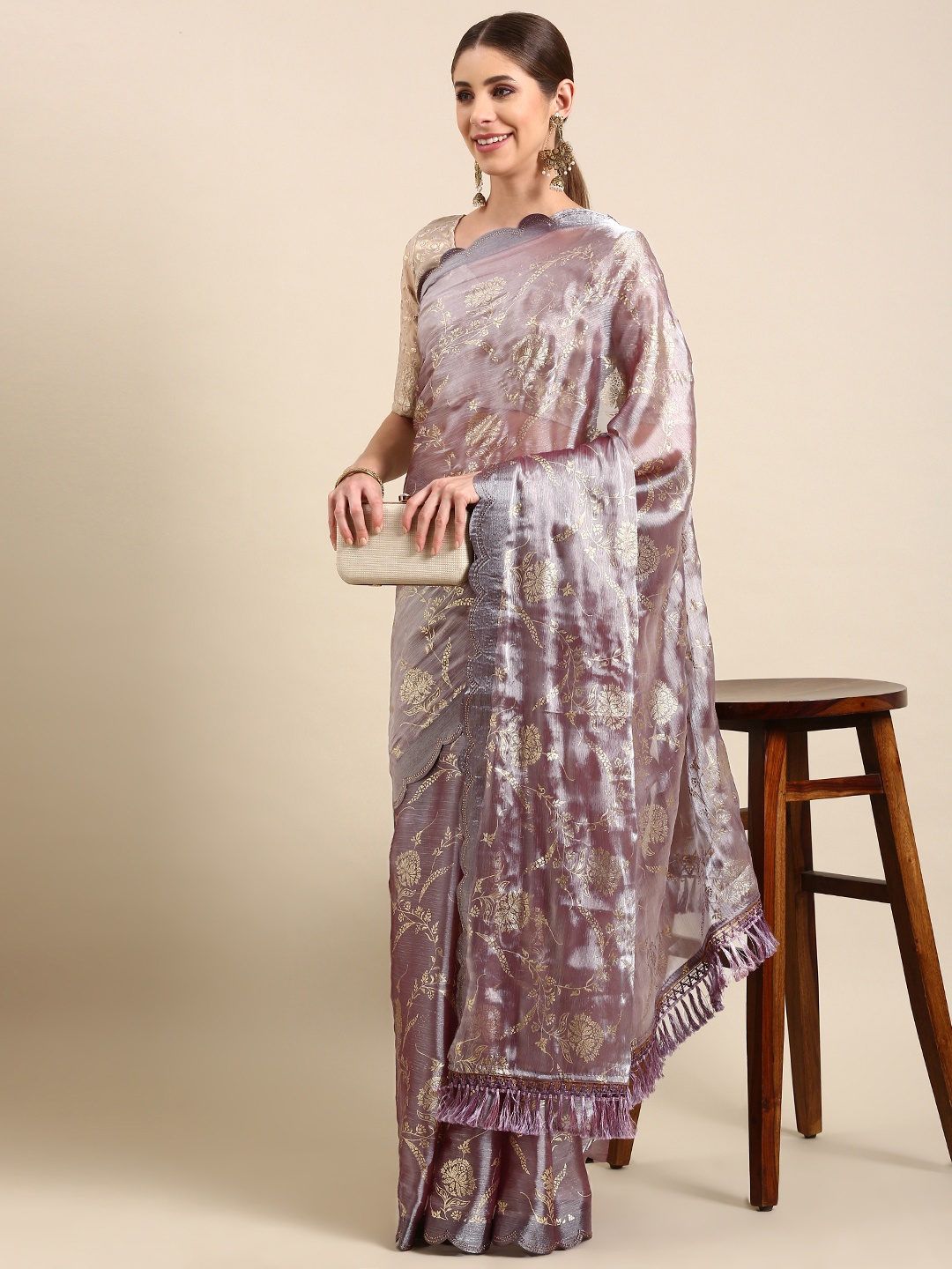 

Mitera Ethnic Motifs Beads & Stones Tissue Saree, Purple