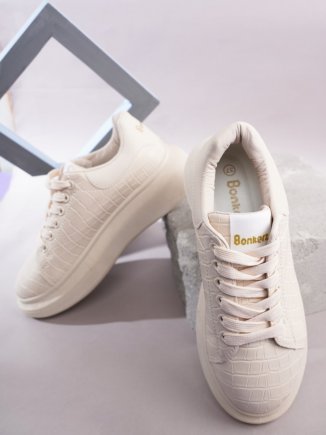 

Bonkerz Women Lace-Ups Textured Sneakers, Beige