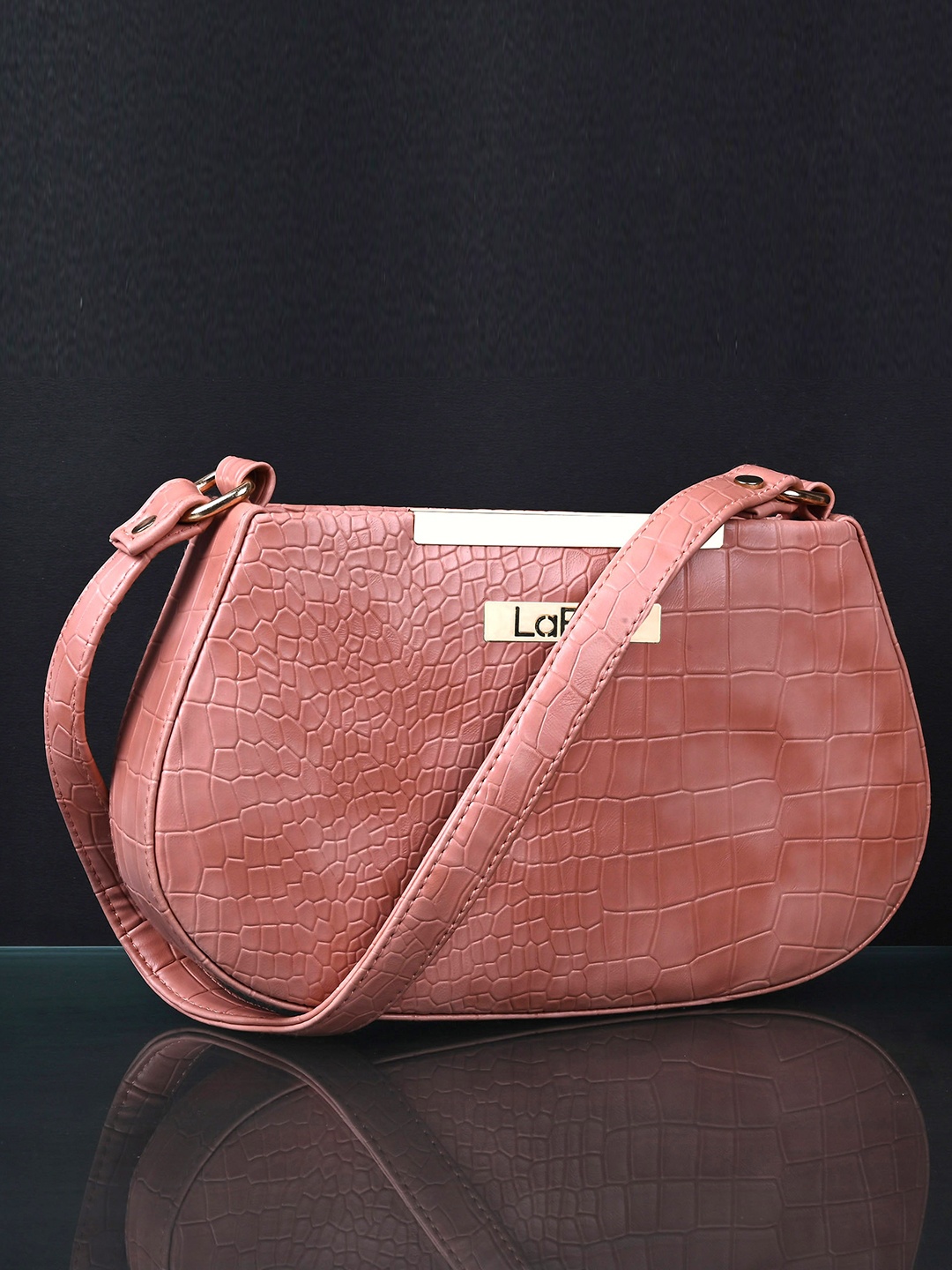 

LaFille Peach-Coloured Textured PU Structured Handheld Bag
