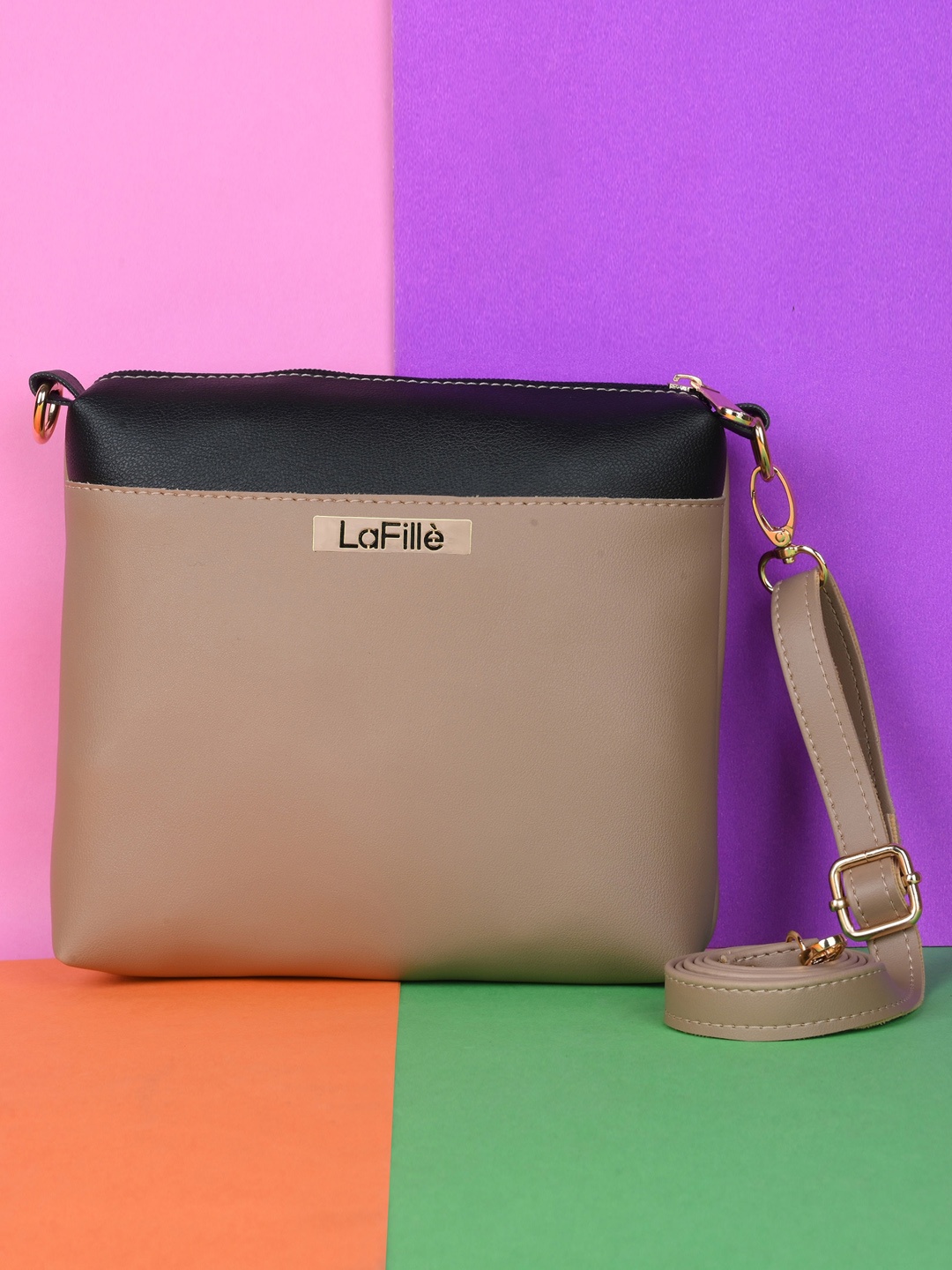 

LaFille Colourblocked PU Sling Bag, Beige