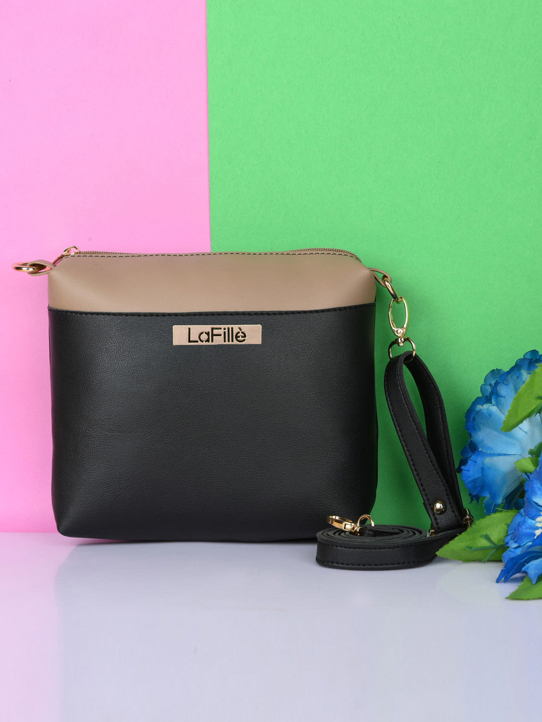 

LaFille Colourblocked Structured Sling Bag, Black