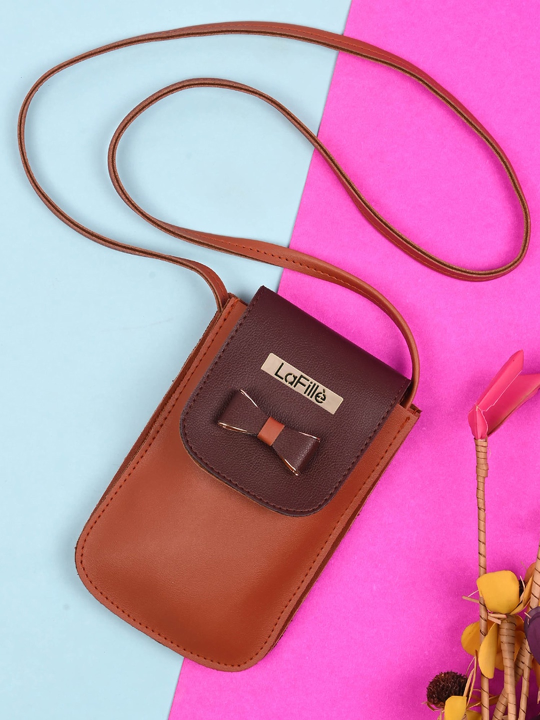 

LaFille Colourblocked Structured Sling Bag with Bow Detail, Tan