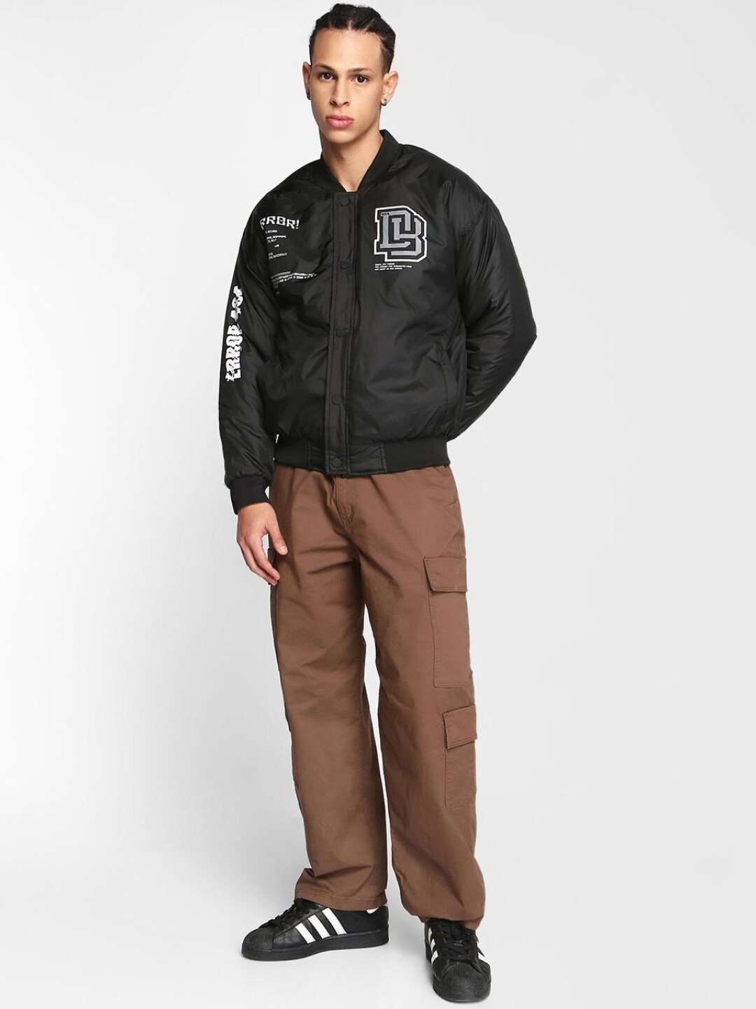 

Bewakoof Men Printed Oversized Bomber Jacket, Black