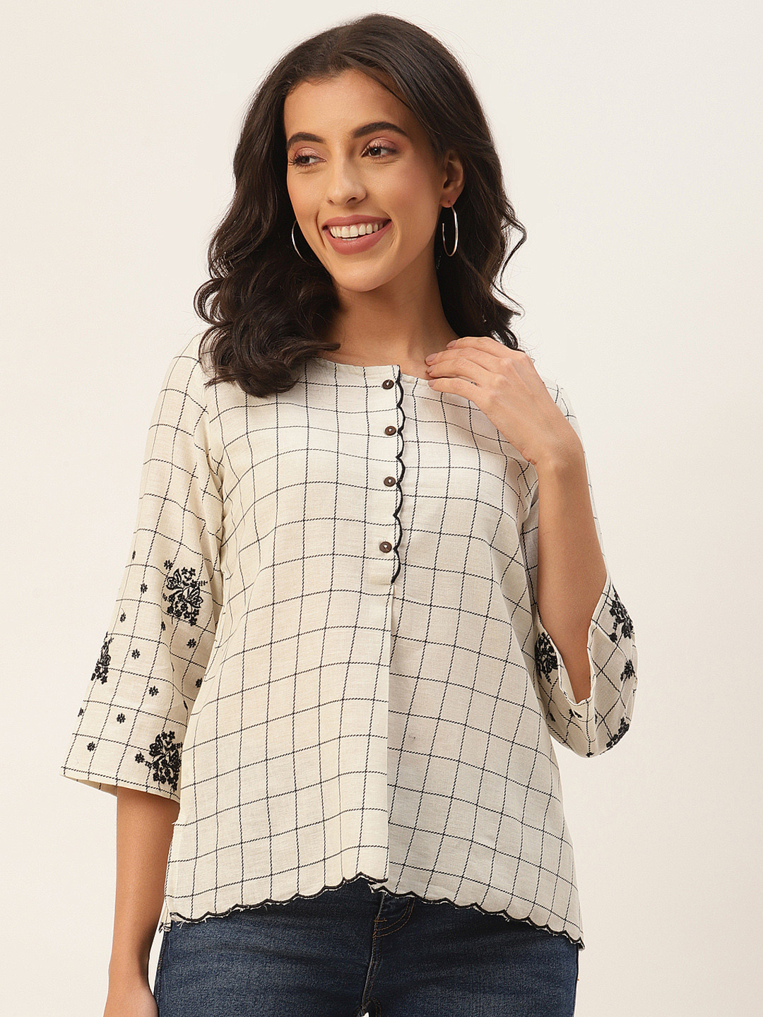 

RangDeep Off White Checked Cotton Top