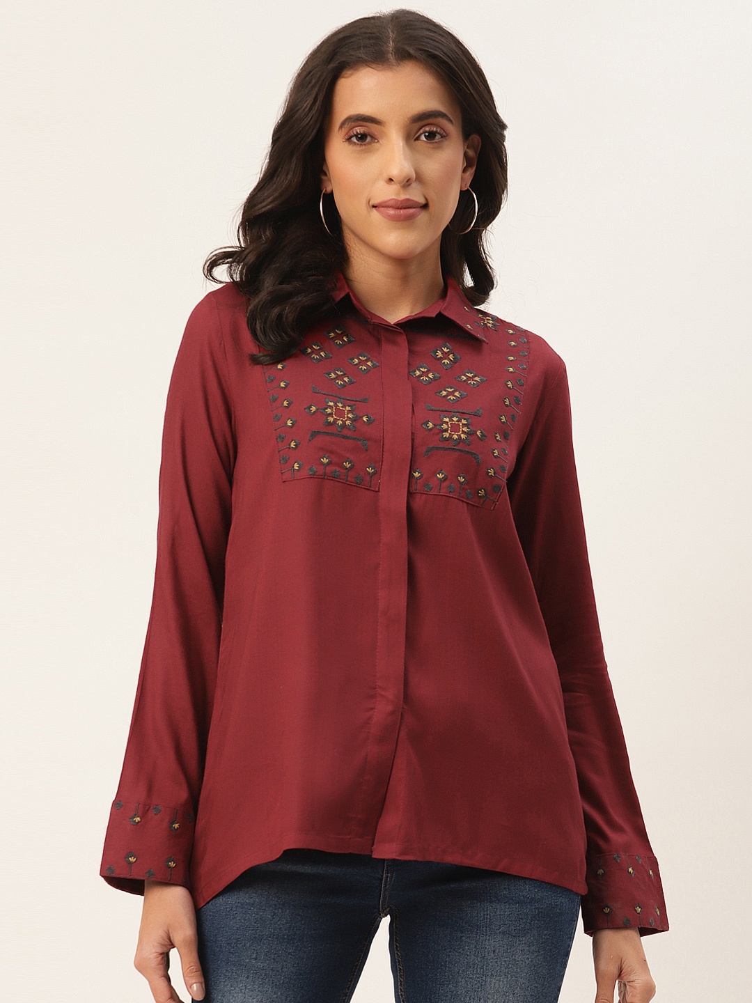 

RangDeep Maroon Floral Embroidered Shirt Style Top