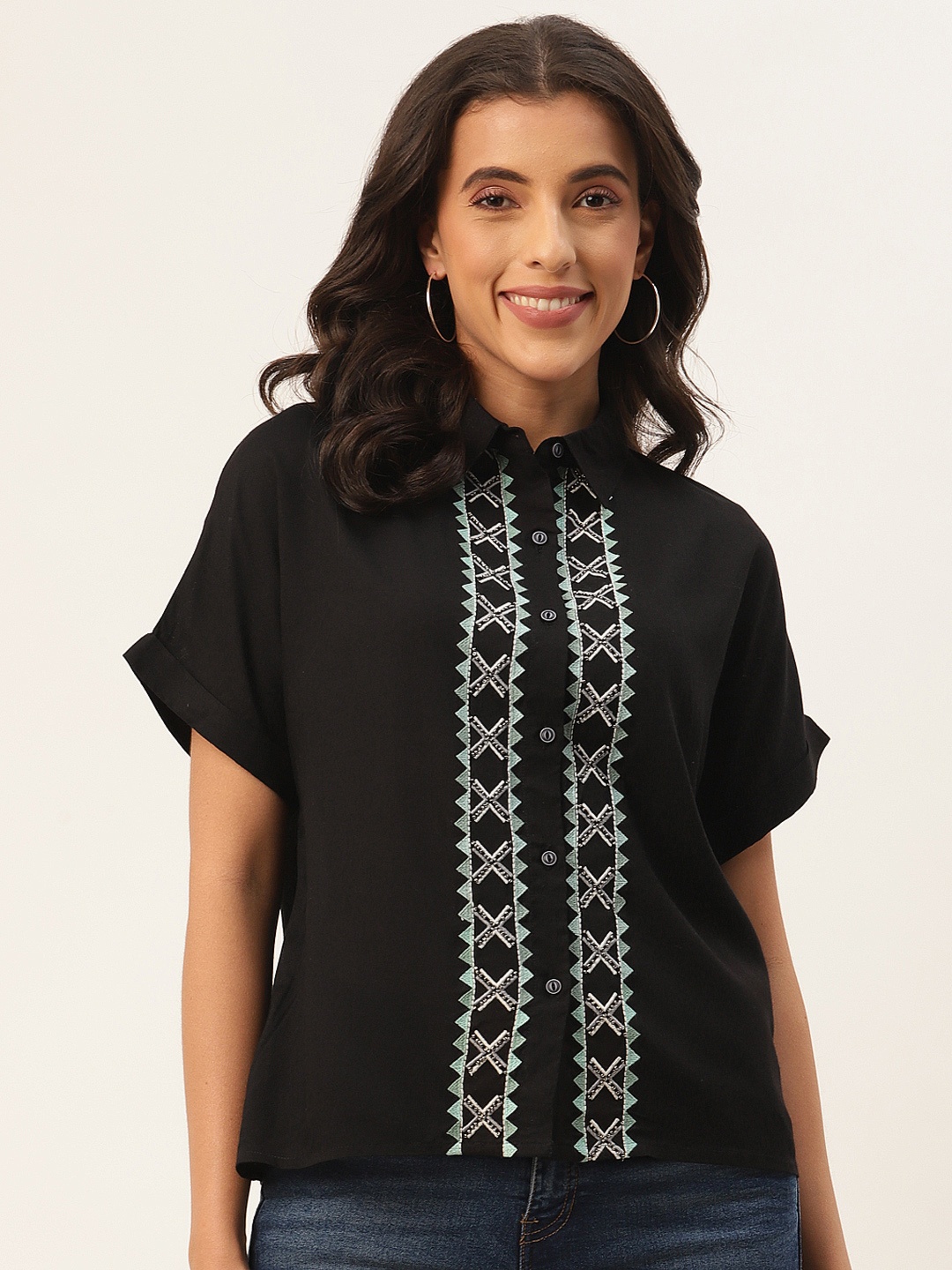 

RangDeep Black Geometric Embroidered Shirt Style Top