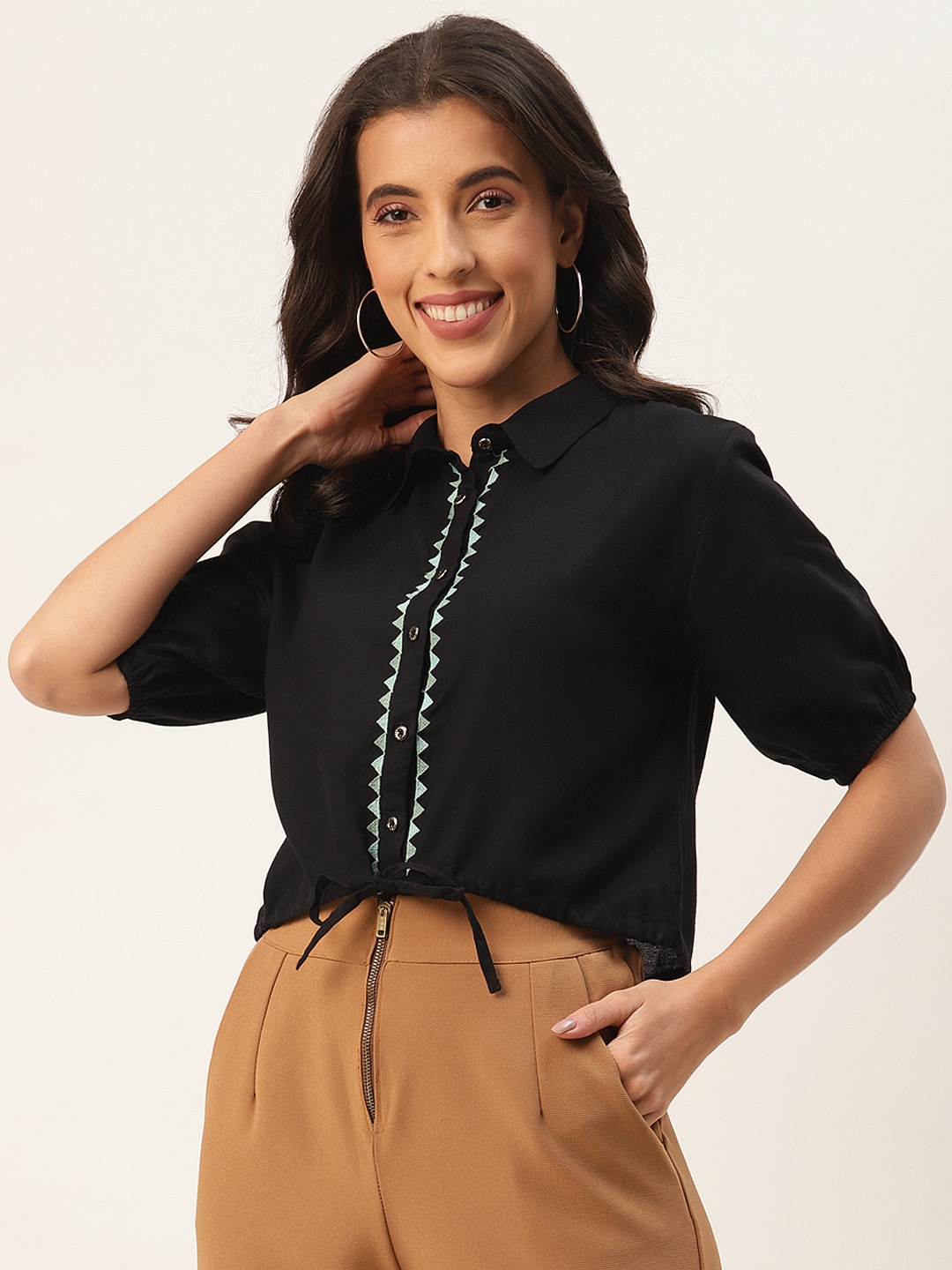 

RangDeep Black Geometric Embroidered Shirt Style Top