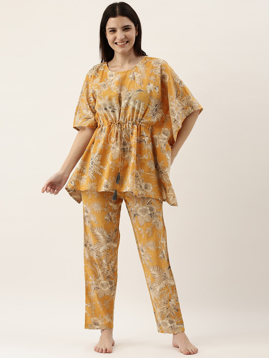 

SANSKRUTIHOMES Women Floral Printed Pleated Pure Cotton Kaftan Kurti with Trousers, Mustard