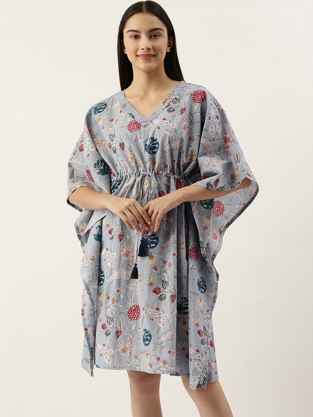 

SANSKRUTIHOMES Floral Printed Cotton Kaftan Dress, Grey