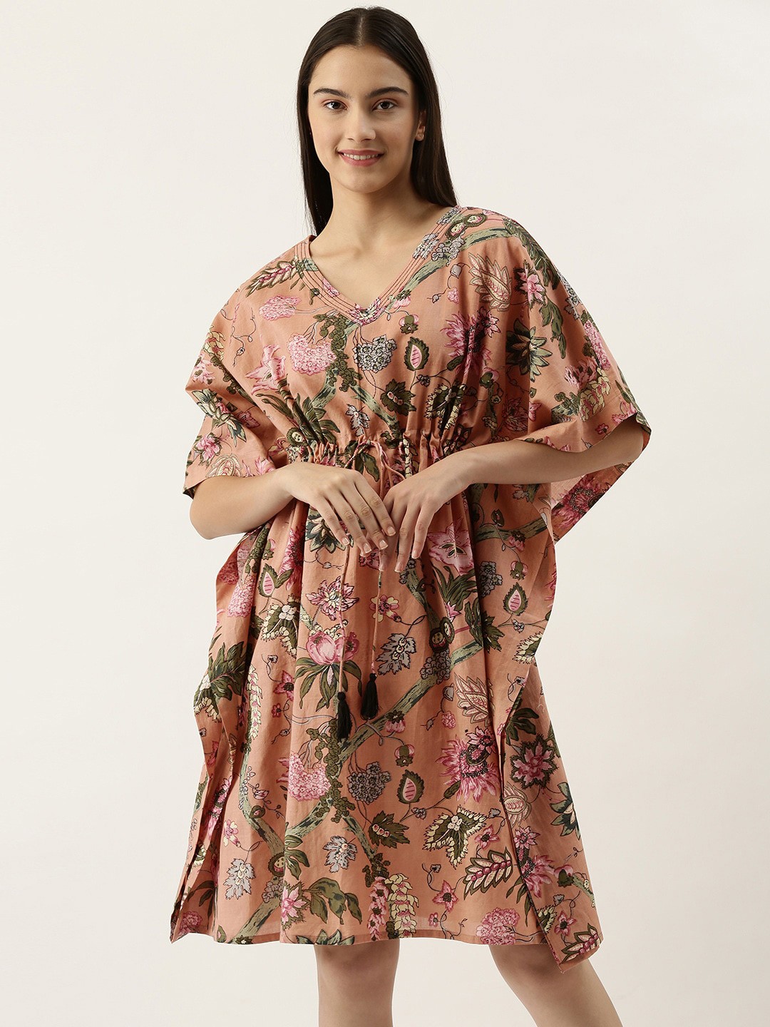 

SANSKRUTIHOMES Tropical Printed Cotton Kaftan Dress, Peach