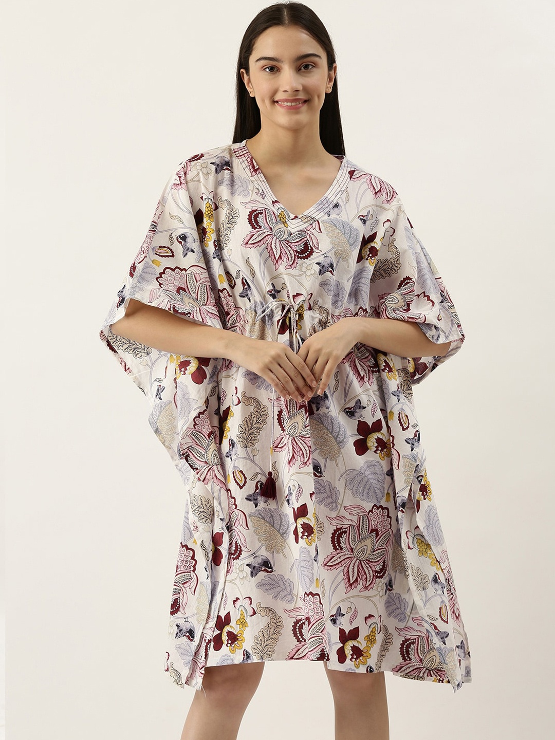 

SANSKRUTIHOMES Floral Printed Cotton Kaftan Dress, Off white