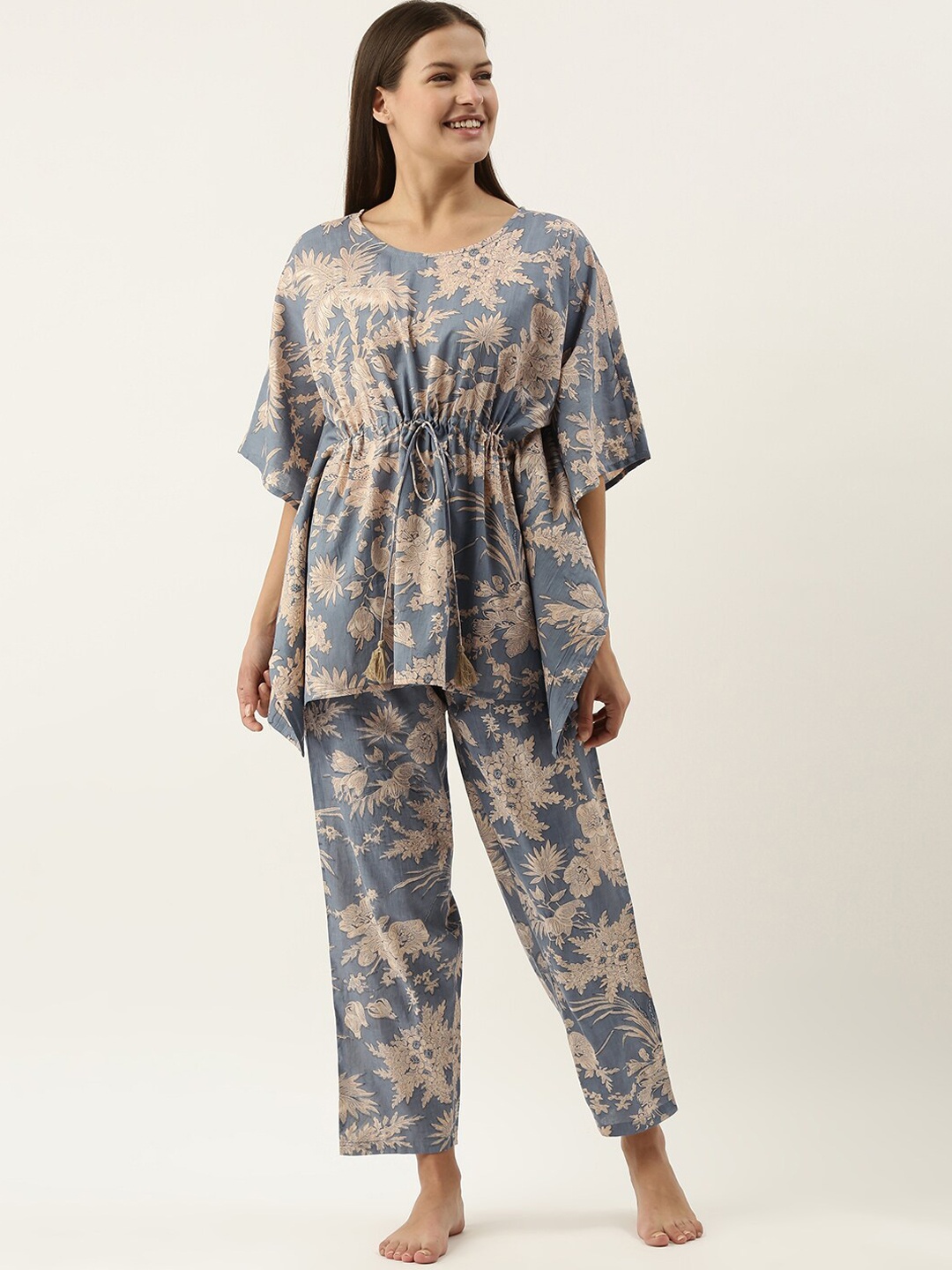 

RangDeep Floral Printed Pure Cotton Kafta Kurti with Trousers, Grey