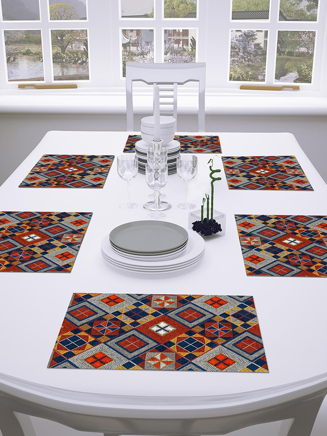 AEROHAVEN Yellow & Orange Set of 6 Geometric Printed Cotton Dining Table Placemats