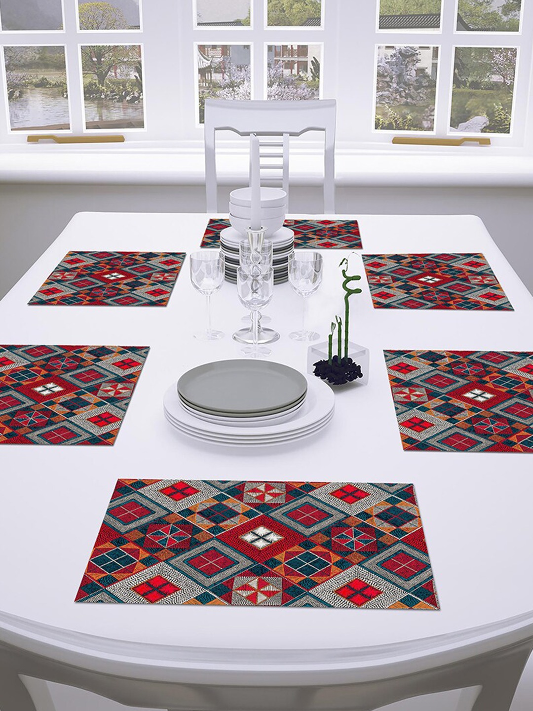 

AEROHAVEN Yellow & Red Set Of 6 Geometric Printed Table Placemats