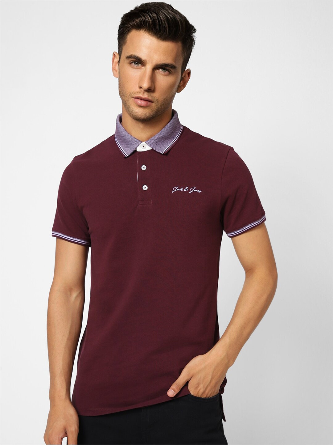 

Jack & Jones Men Polo Collar Cotton T-shirt, Purple