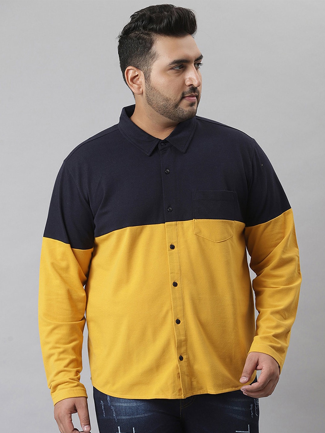 

Instafab Plus Men Plus Size Cotton Classic Colourblocked Casual Shirt, Navy blue