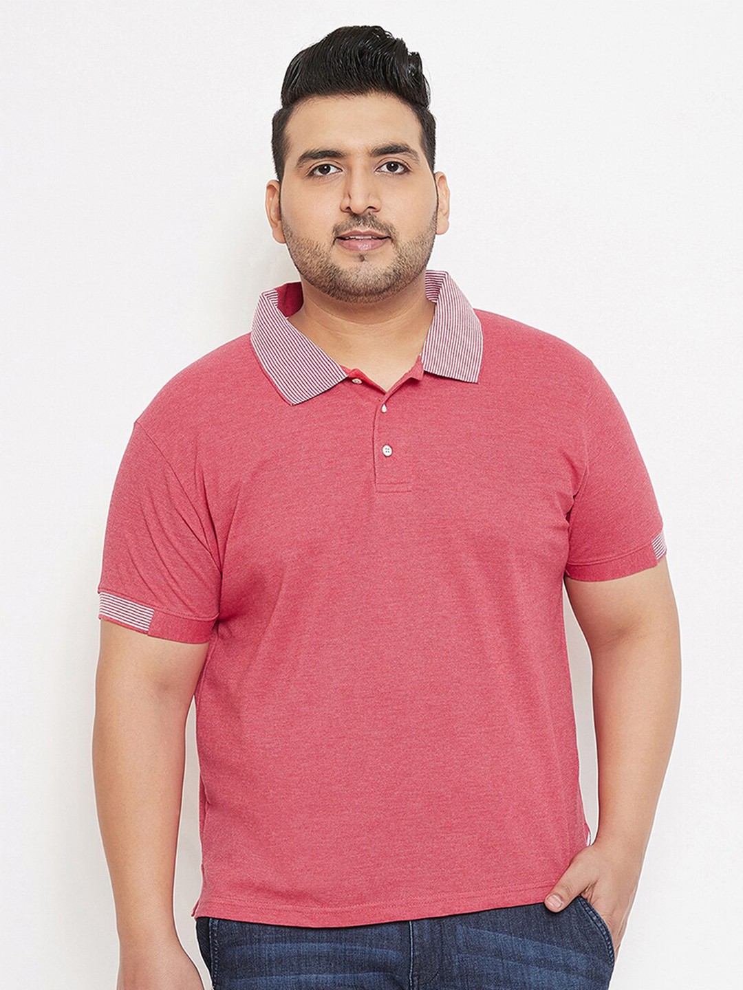 

Instafab Plus Men Plus Size Striped Polo Collar Cotton Flex T-shirt, Pink