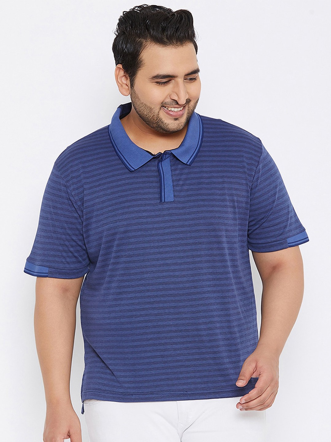 Instafab Plus Men Plus Size Cotton Striped Polo Collar T-shirt, Navy blue