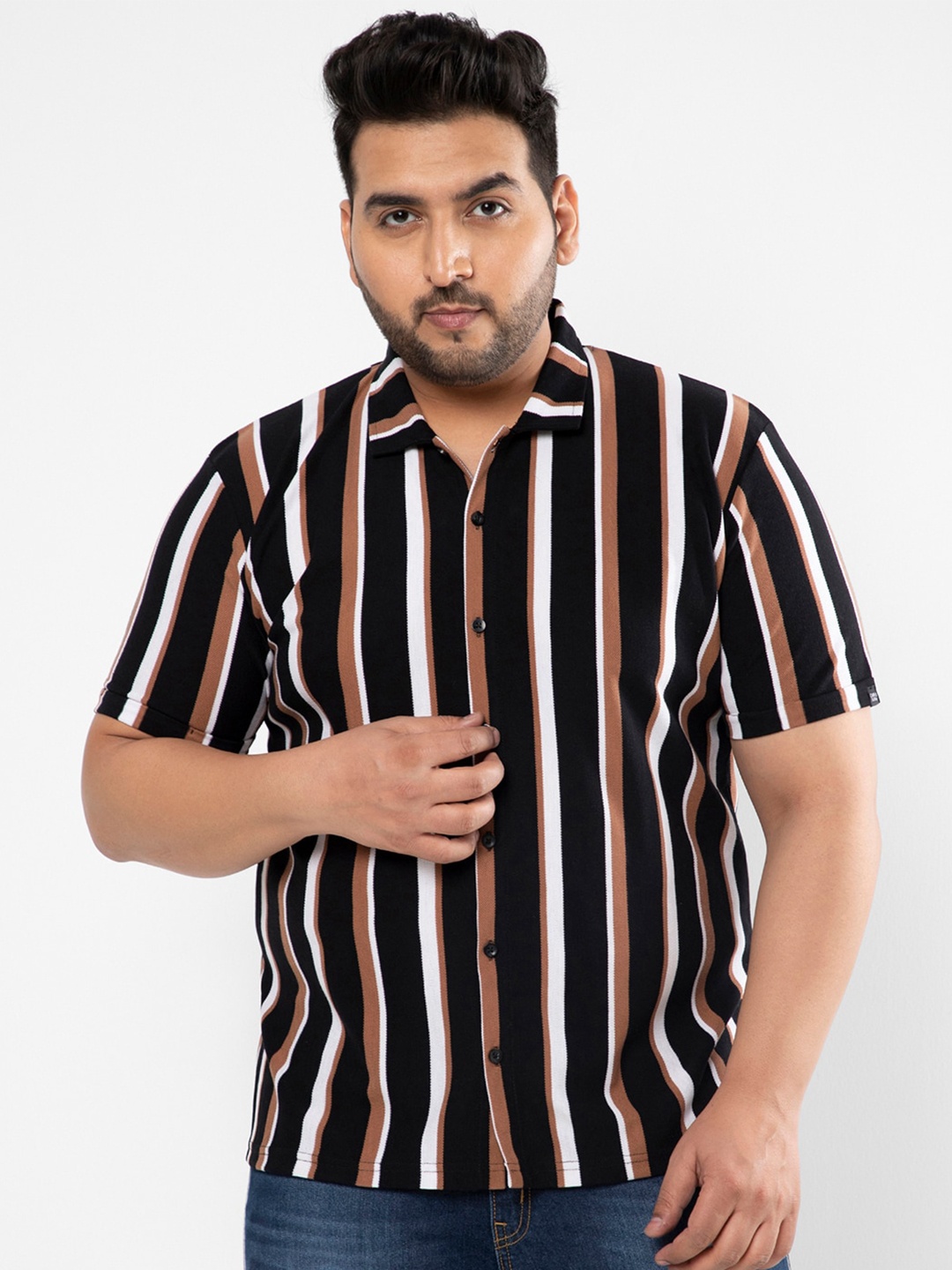 Instafab Plus Men Pure Cotton Plus Size Classic Striped Casual Shirt, Black