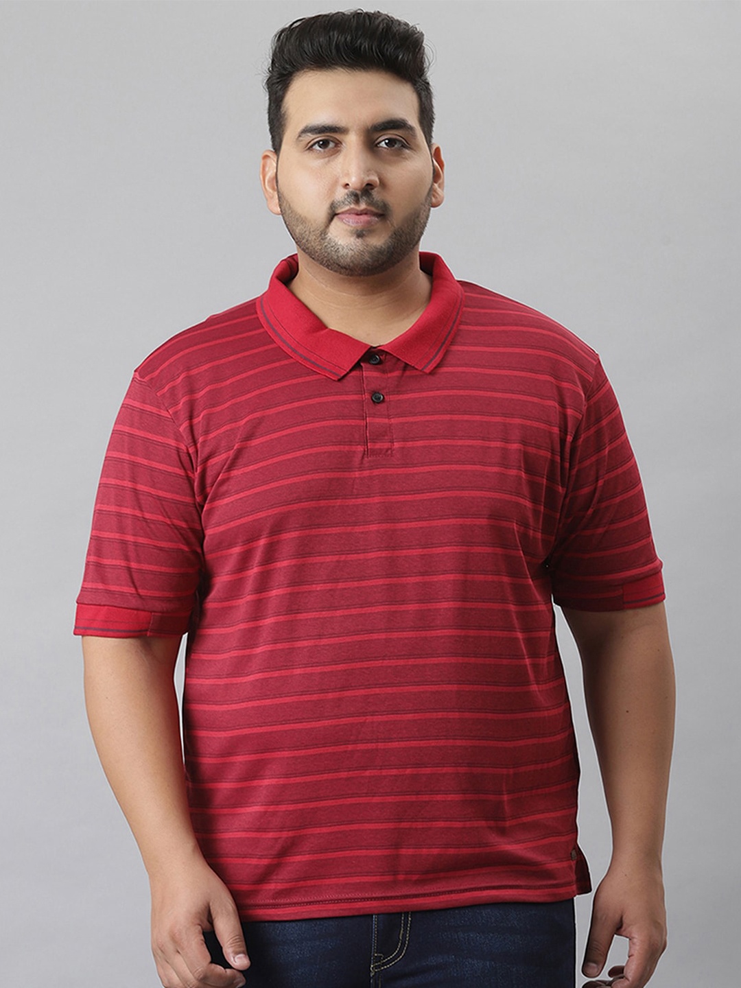 

Instafab Plus Men Plus Size Striped Polo Collar Flex T-shirt, Red