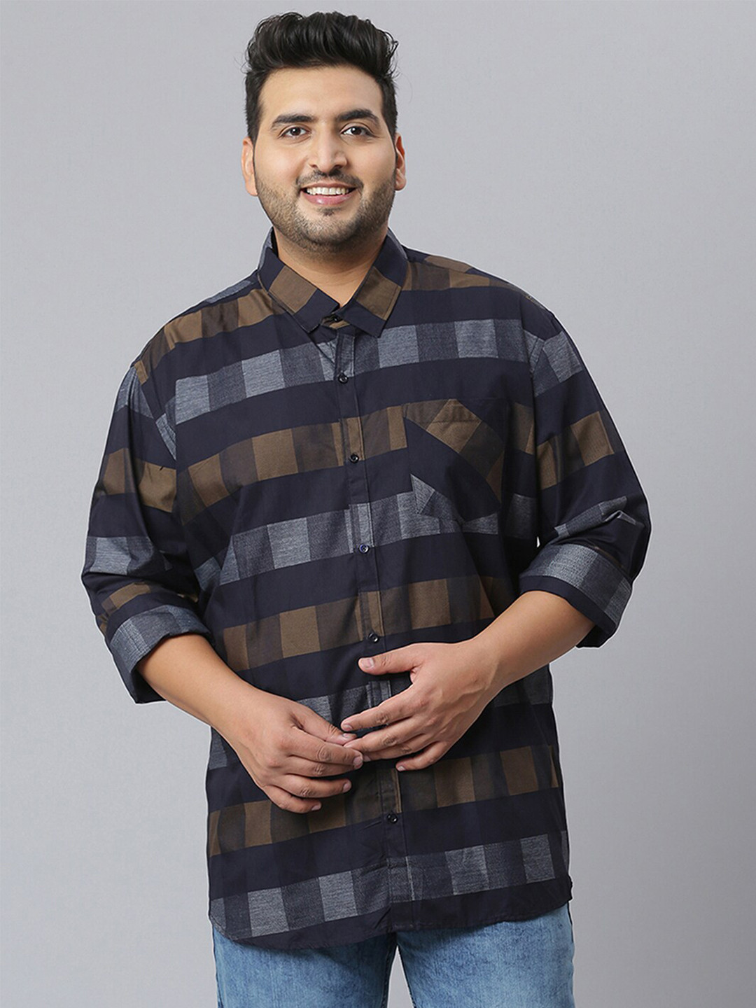 

Instafab Plus Men Plus Size Classic Buffalo Checks Cotton Casual Shirt, Navy blue