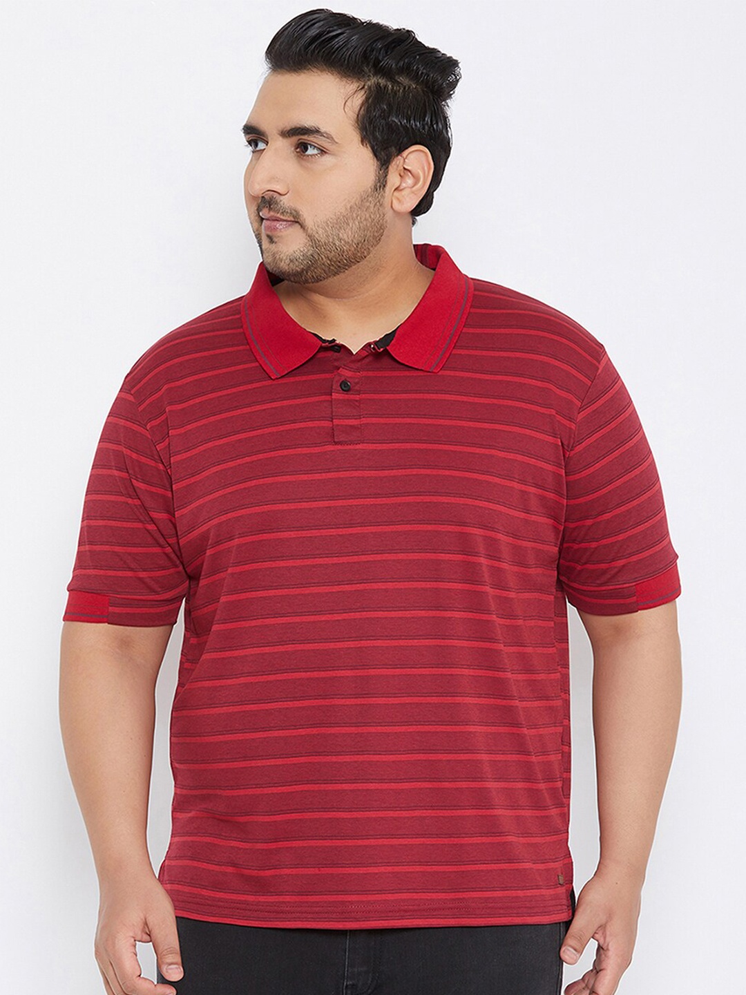 

Instafab Plus Men Striped Polo Collar Flex T-shirt, Red