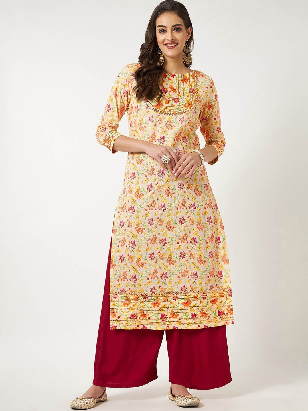 

Pannkh Women Multicoloured Quirky Printed Flared Sleeves Mirror Work Kurta, Multi