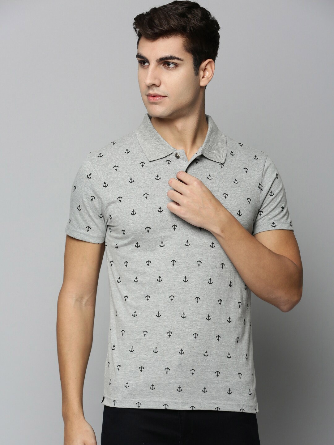 

Kryptic Men Printed Polo Collar Cotton T-shirt, Grey melange