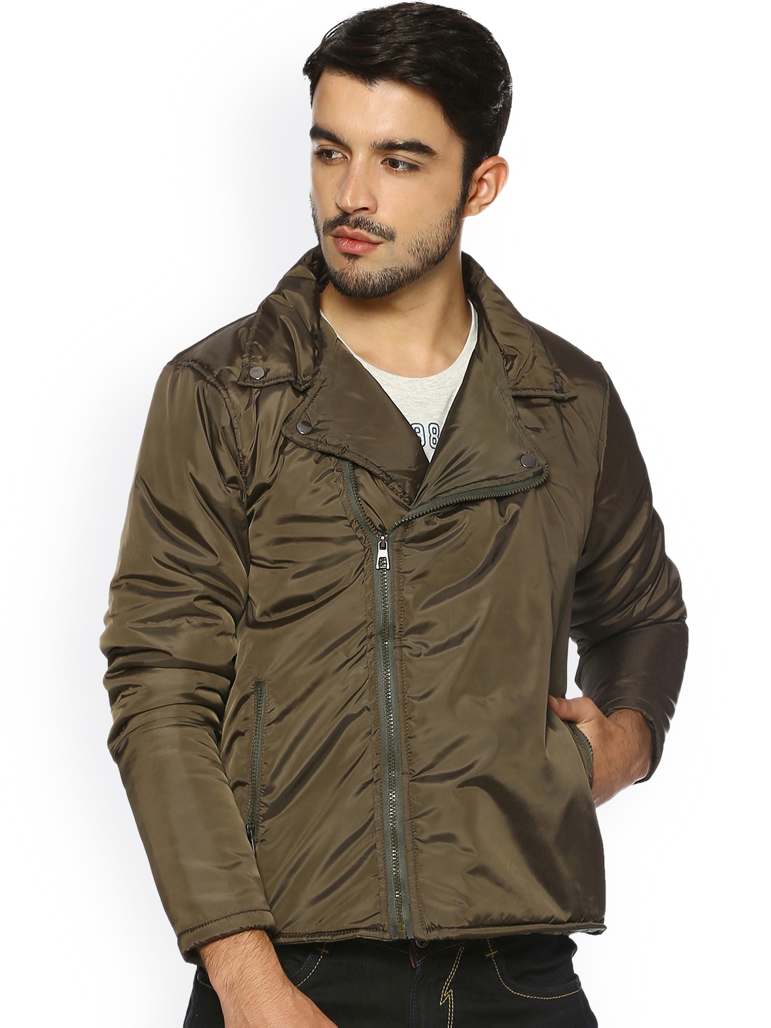 

Campus Sutra Men Olive Green Solid Biker Jacket