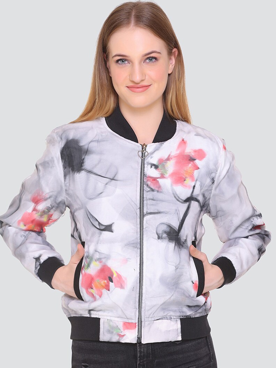

HONEYBELL Women Floral Lightweight Bomber Jacket, Grey