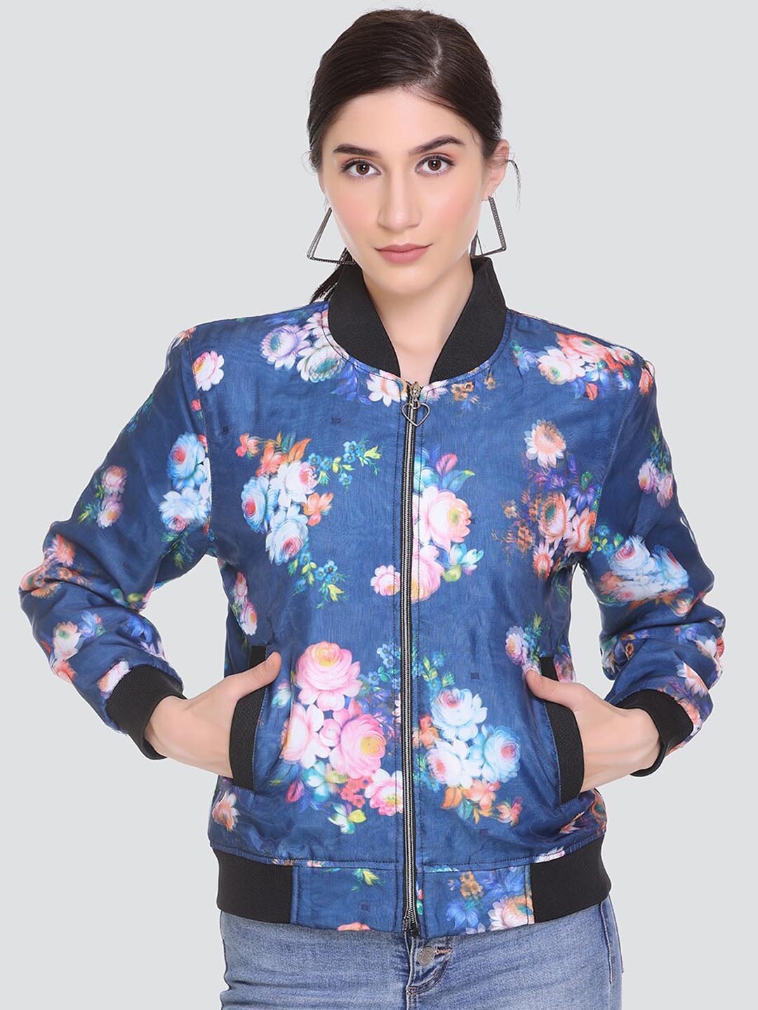 

HONEYBELL Women Floral Lightweight Bomber Jacket, Navy blue