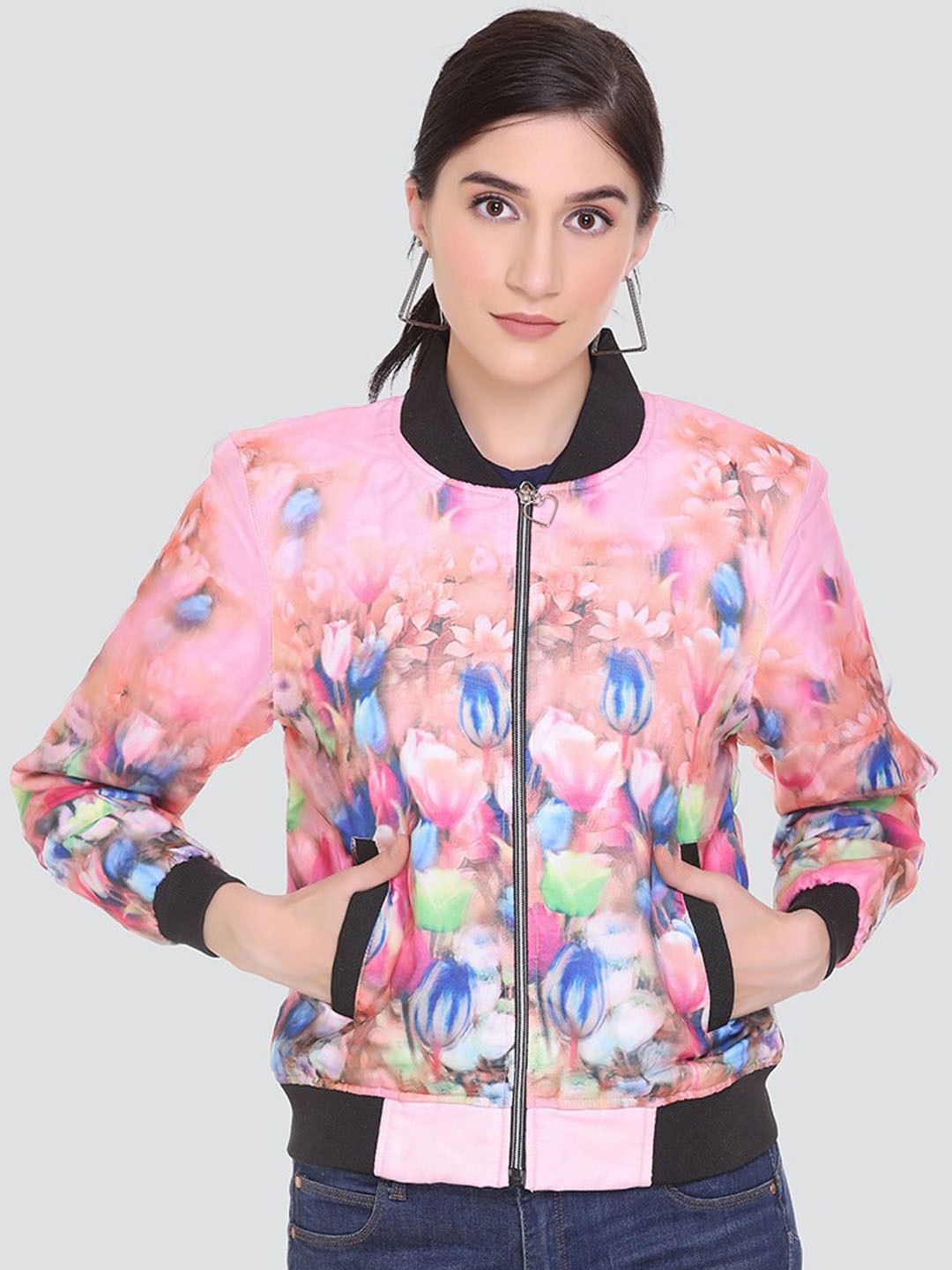 

HONEYBELL Women Floral Lightweight Bomber Jacket, Pink