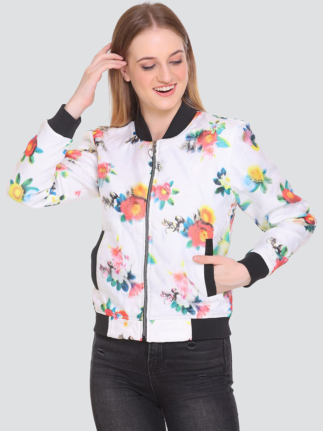 

HONEYBELL Women Lightweight Bomber Jacket, White