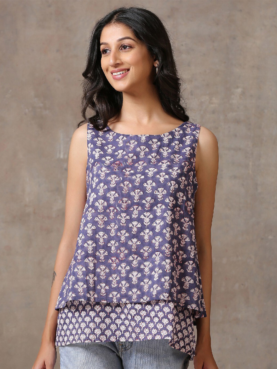 

OKHAI Pure Cotton Floral Printed Top, Purple