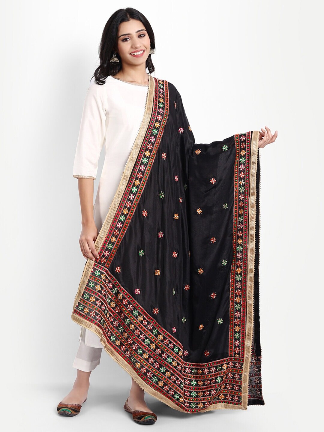 

Zamour Embroidered Dupatta with Phulkari, Black